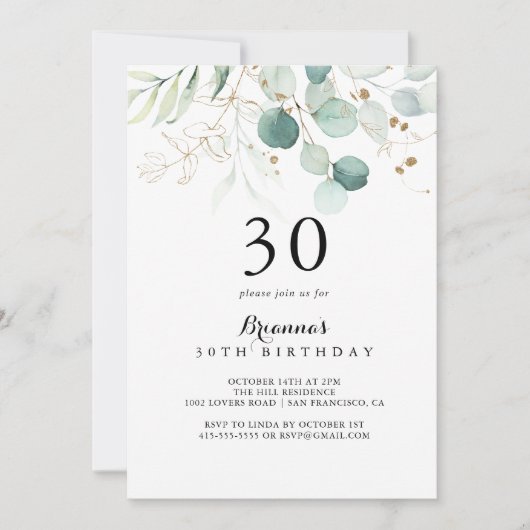 Rustiek Eucalyptus Goud Bloemen 30e Verjaardagsfee Kaart (Voorkant)