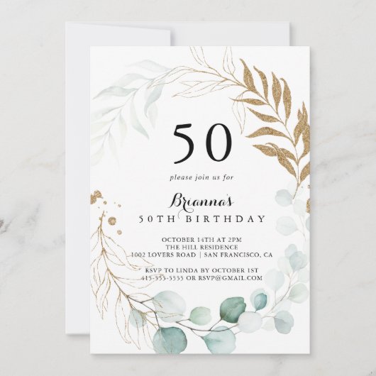 Rustiek Eucalyptus Goud Bloemen 50ste Verjaardagsf Kaart (Voorkant)