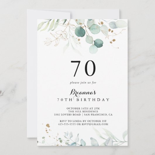 Rustiek Eucalyptus Goud Bloemen 70e Verjaardagsfee Kaart (Voorkant)