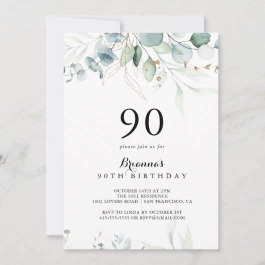 Rustiek Eucalyptus Goud Bloemen 90ste Verjaardagsf Kaart (Voorkant)