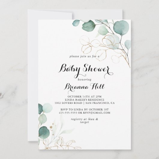 Rustiek Eucalyptus Goud Bloemen Baby shower Kaart (Voorkant)