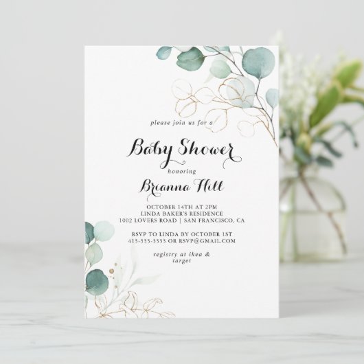 Rustiek Eucalyptus Goud Bloemen Baby shower Kaart (Staand voorkant)