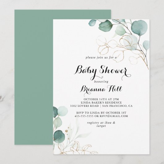 Rustiek Eucalyptus Goud Bloemen Baby shower Kaart (Voorkant / Achterkant)