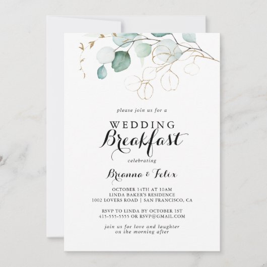 Rustiek Eucalyptus Goud Bloemen Bruiloft Ontbijt Kaart (Voorkant)