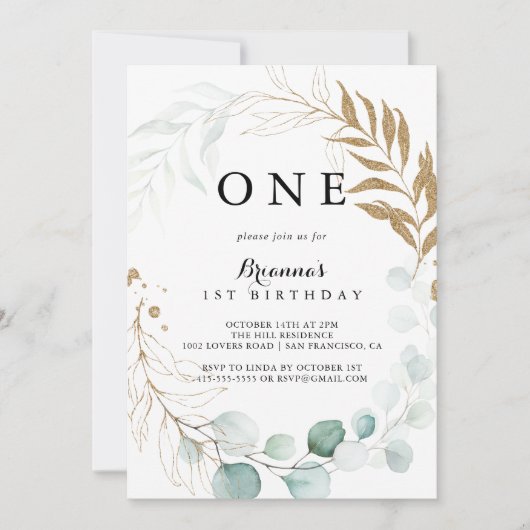 Rustiek Eucalyptus Goud Bloemen Eerste Verjaardags Kaart (Voorkant)