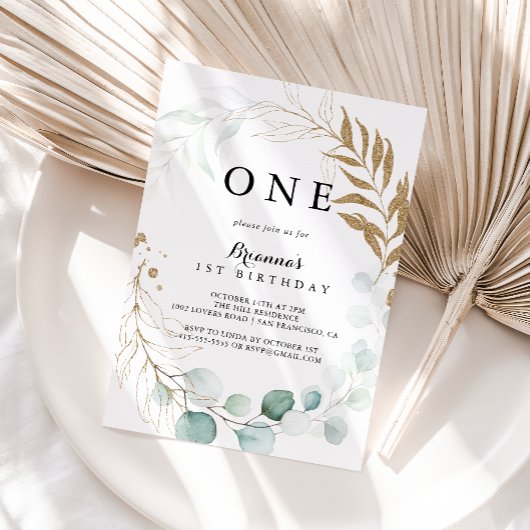 Rustiek Eucalyptus Goud Bloemen Eerste Verjaardags Kaart