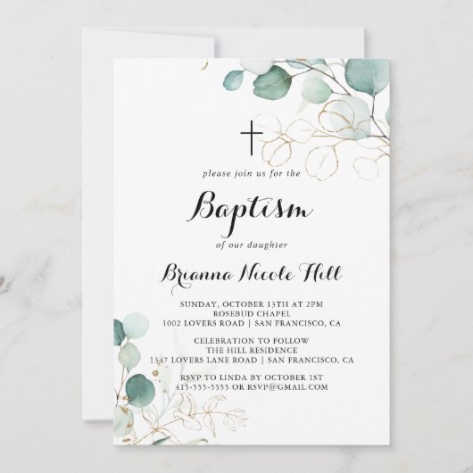 Rustiek Eucalyptus Goud Bloemen Kalligrafie Doop Kaart (Voorkant)