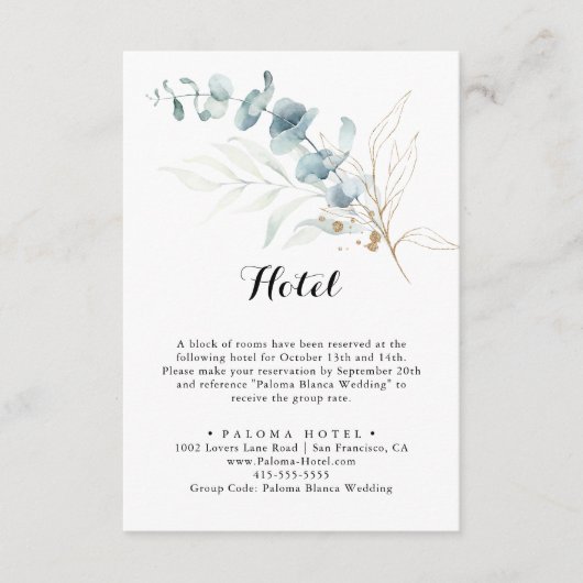 Rustiek Eucalyptus Goud Bloemenkalligrafie Hotel Informatiekaartje (Voorkant)