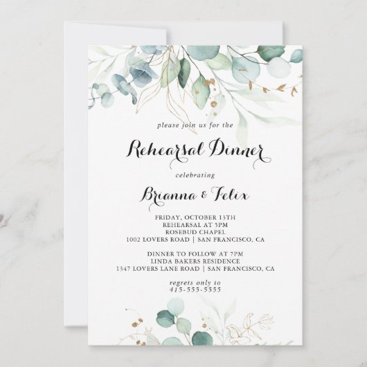 Rustiek eucalyptus goud bloemenrepetitie diner kaart (Voorkant)