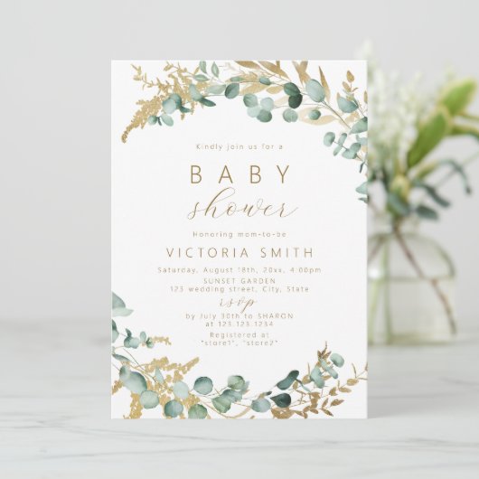 Rustiek eucalyptus goud groen boho Baby shower Kaart (Staand voorkant)
