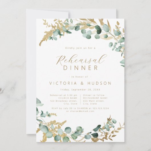 Rustiek eucalyptus goud groen repetitie diner kaart (Voorkant)