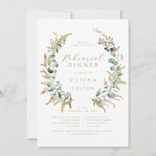 Rustiek eucalyptus goud groen repetitie diner kaart (Voorkant)