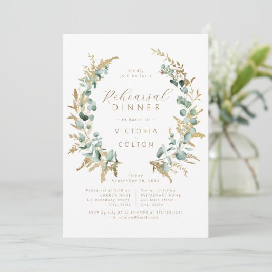 Rustiek eucalyptus goud groen repetitie diner kaart (Staand voorkant)