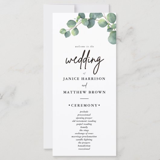 Rustiek Eucalyptus groen bruiloft programma (Voorkant)
