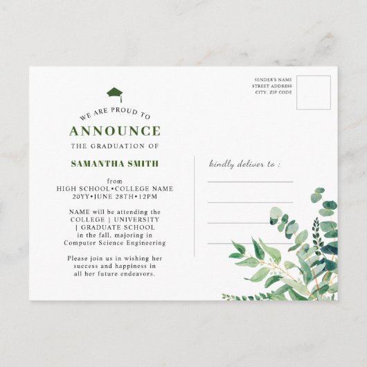 Rustiek eucalyptus groen eenvoudig foto Afstuderen Aankondigingskaart (Achterkant)
