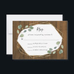 rustiek eucalyptusgroen | geometrische bruiloft RSVP kaartje<br><div class="desc">Deze rustieke en trendy bruiloft RSVP response kaart is voorzien van romantische waterverf eucalyptus bladeren en gebladerte op een faux gouden geometrische centrum lijst. De achtergrond is gemaakt om eruit te zien als rustiek bruin hout.</div>