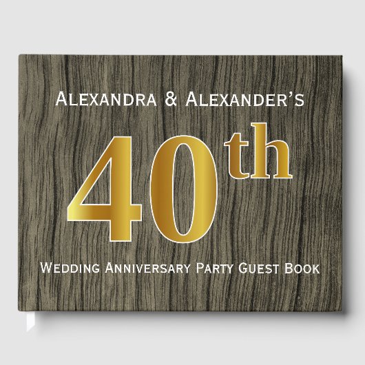Rustiek, Faux Gold 40e bruiloft Jubileum Party Gastenboek (Voorkant)