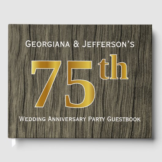 Rustiek, Faux Gold 75e bruiloft Jubileum Party Gastenboek (Voorkant)