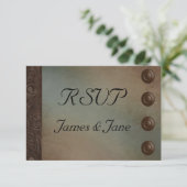 Rustiek Faux leder turquoise en bruin grunge RSVP Kaartje (Staand voorkant)