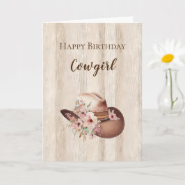 Rustiek Faux Wood Cowgirl Bloemen Pet Verjaardag Kaart