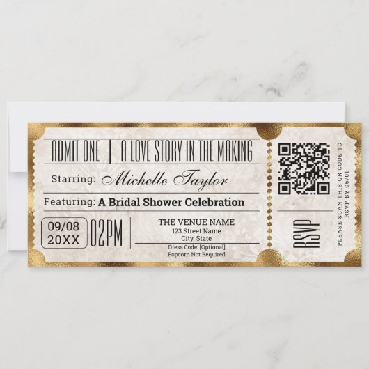 Rustiek  Film Ticket met RSVP QR Code Kaart (Voorkant)