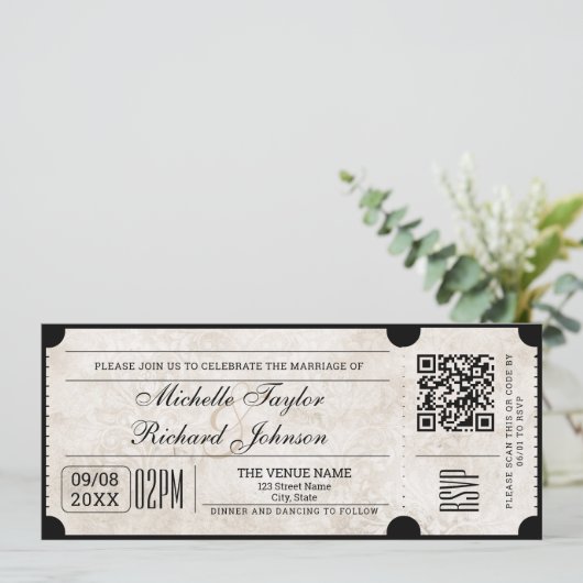 Rustiek Film Ticket met RSVP QR Code Kaart (Staand voorkant)