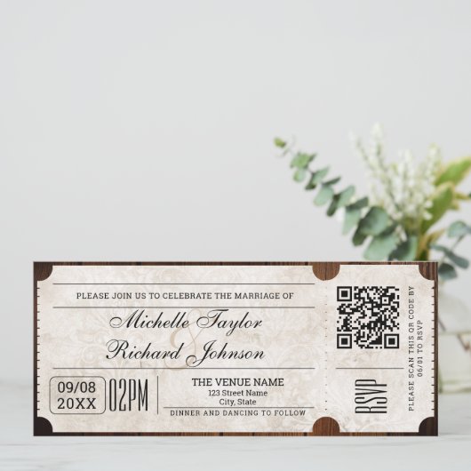 Rustiek Film Ticket met RSVP QR Code Kaart (Staand voorkant)