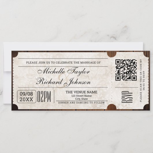 Rustiek  Film Ticket met RSVP QR Code Kaart (Voorkant)
