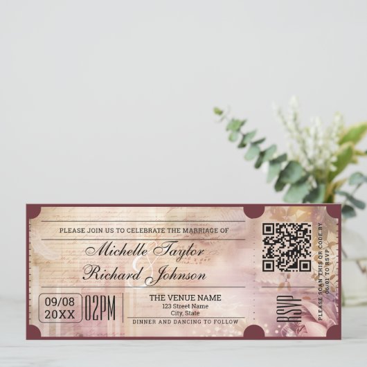 Rustiek Film Ticket met RSVP QR Code Kaart (Staand voorkant)