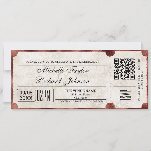 Rustiek Film Ticket met RSVP QR Code Kaart (Voorkant)