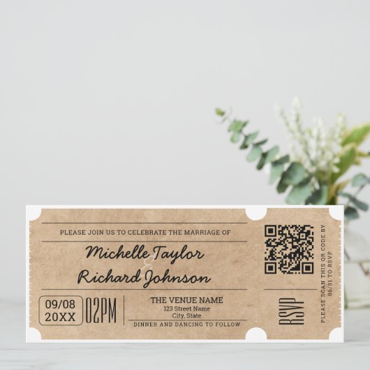 Rustiek Film Ticket met RSVP QR Code Kaart (Staand voorkant)