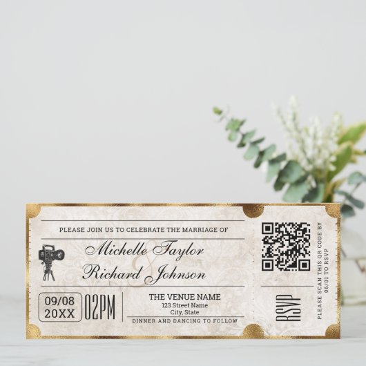 Rustiek Film Ticket met RSVP QR Code Kaart (Staand voorkant)