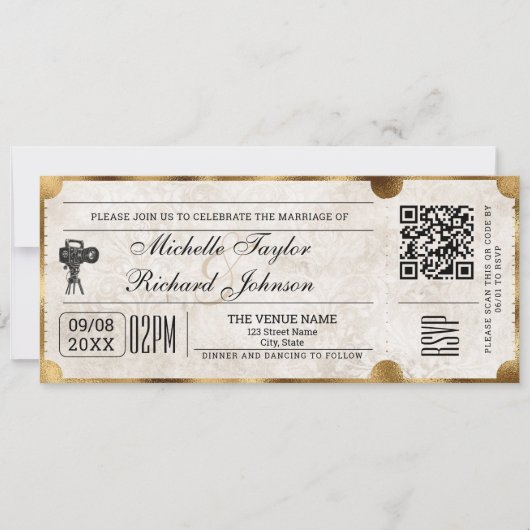 Rustiek  Film Ticket met RSVP QR Code Kaart (Voorkant)