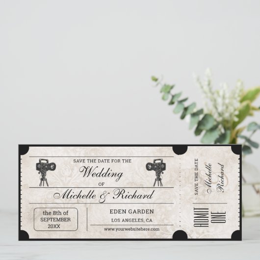  rustiek filmticket Save the Date Kaart (Staand voorkant)