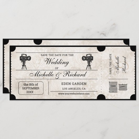  rustiek filmticket Save the Date Kaart (Voorkant / Achterkant)