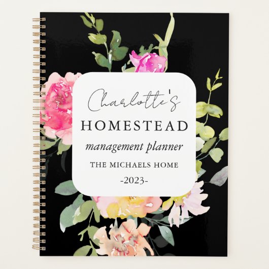 Rustiek Floral Homestead Management Zwart Planner (Voorkant)