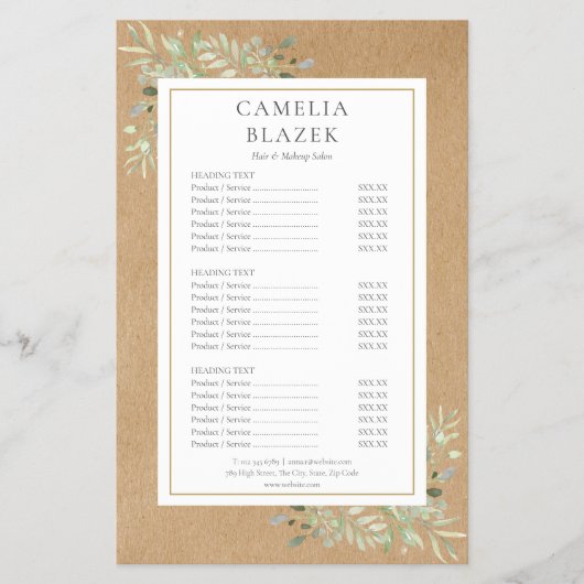 Rustiek Foliage 2 Zijdelings Service Menu Prijslij (Voorkant)