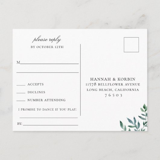 Rustiek Foliage Navy Bruiloft RSVP Song Aanvraag Uitnodiging Briefkaart (Achterkant)