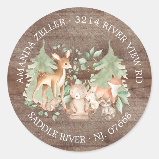 Rustiek Forest Baby shower retour adreslabel Ronde Sticker (Voorkant)