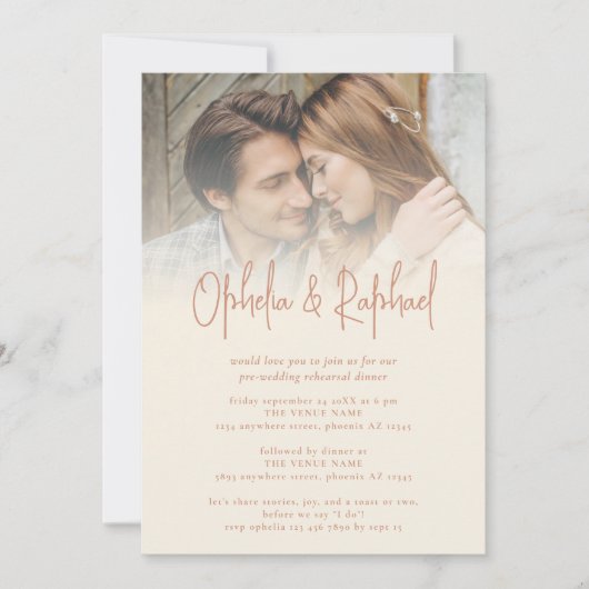 Rustiek Fotoscript Cream Bruiloft repetitie Diner Kaart (Voorkant)