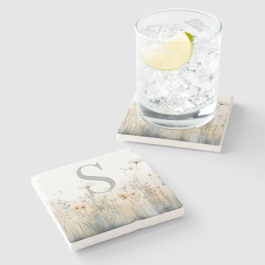 Rustiek Gebied van Wildbloemen Monogram Stenen Onderzetter (Zijkant)