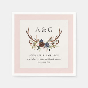 Rustiek gebladerte, bloemenfeest en hert bruiloft servet