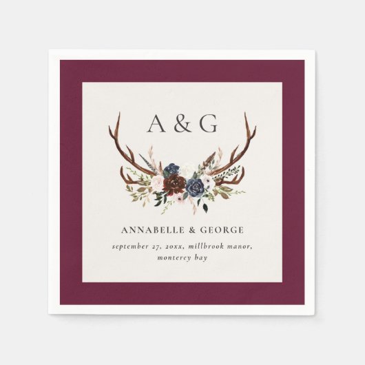 Rustiek gebladerte, bloemenfeest en hert bruiloft servet (Voorkant)