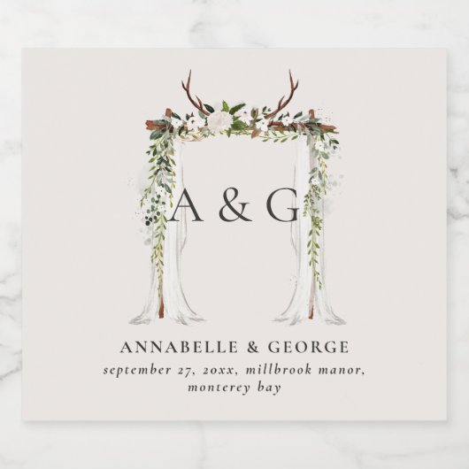 Rustiek gebladerte wit bloemenstadium bladerdak br likeurfles etiket (Enkel label)