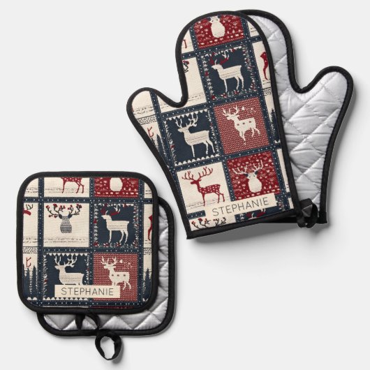 Rustiek gebreid patchwork patroon | Noords Ovenwant & Pannenlap Set (Voorkant / Achterkant)