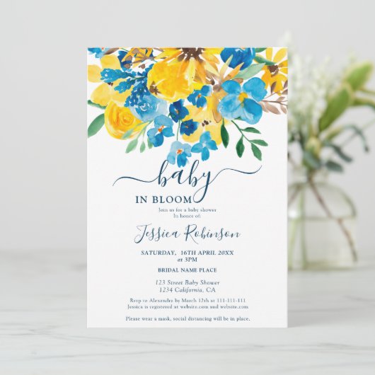 Rustiek geel blauw bloemen waterverf baby shower kaart (Staand voorkant)