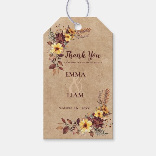 Rustiek Geel & Bourgondische Herfst Bloemen Huweli Cadeaulabel (Voorkant)