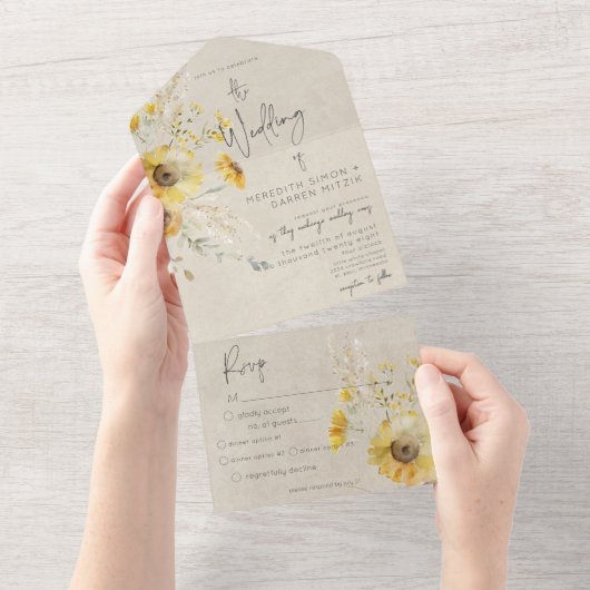 Rustiek Geel & Bruin Zomer Zonnebloem diner All In One Uitnodiging (Afscheurbaar)