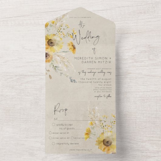 Rustiek Geel & Bruin Zomer Zonnebloem diner All In One Uitnodiging (Binnen)