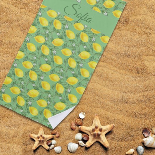 Rustiek geel citroen waterverf patroon groen strandlaken